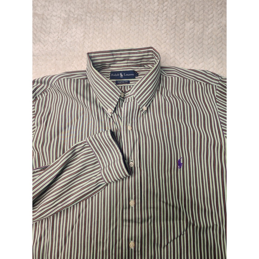 Ralph Lauren Men's Custom Fit Button Down Dress Shirt ‎ XL Green Purple Striped
